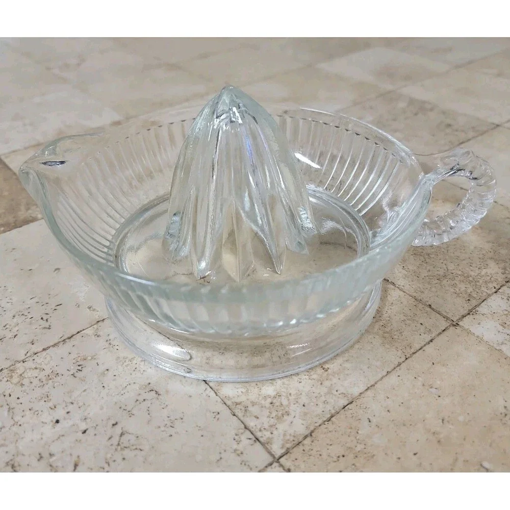 Vintage Mid-Century Clear Ribbed Glass Citrus Juicer Reamer with Handle & Spout